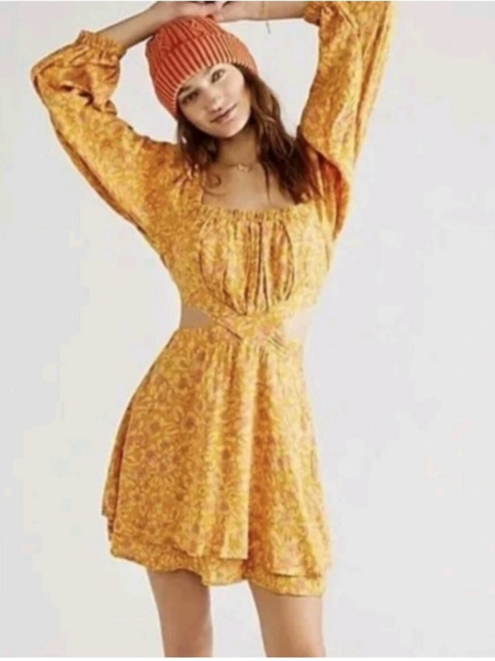 Free People Golden Yellow Floral Cutout Mini Dress